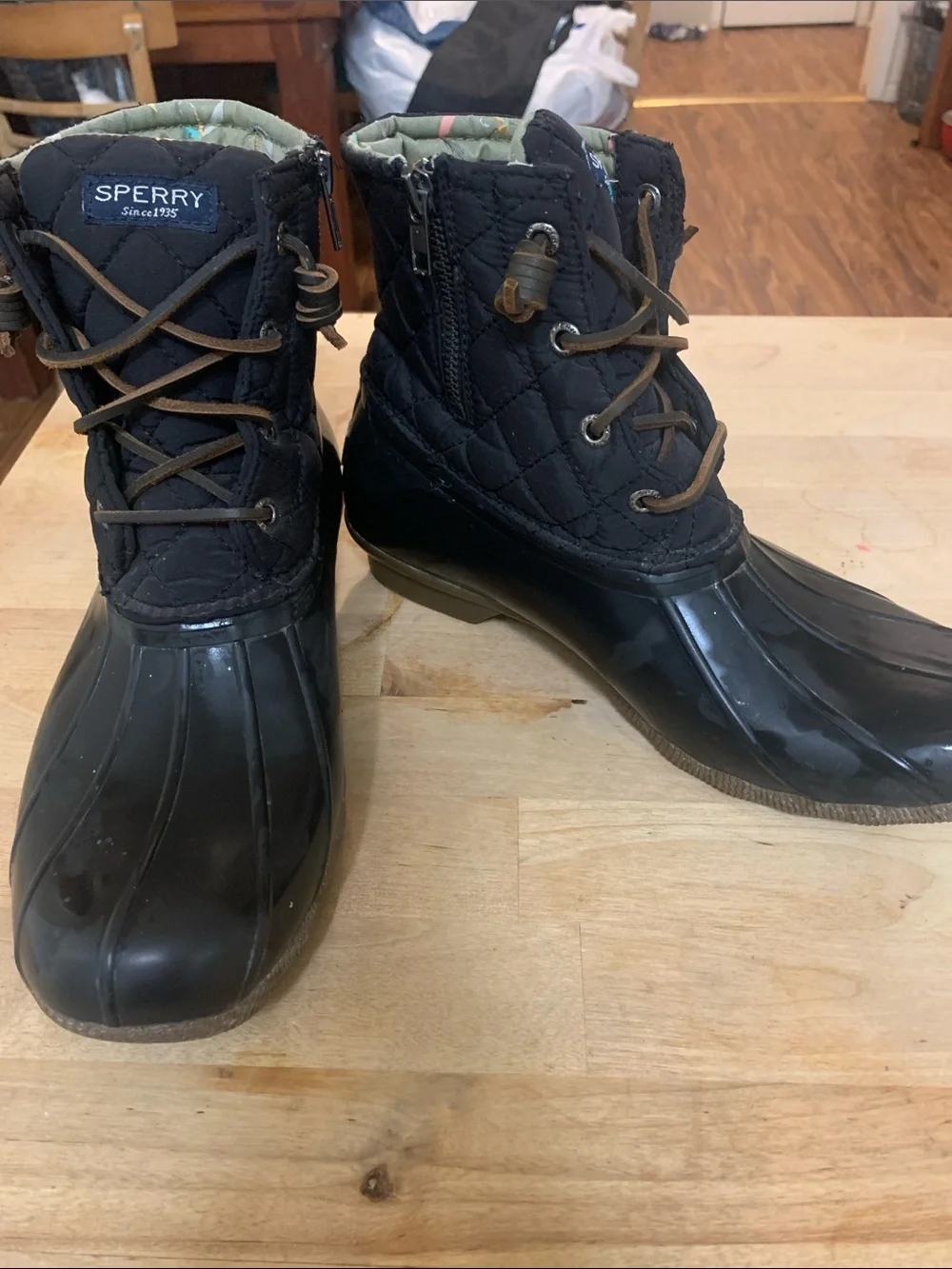 Sperry Black Quilted Duck Boots with Brown Laces